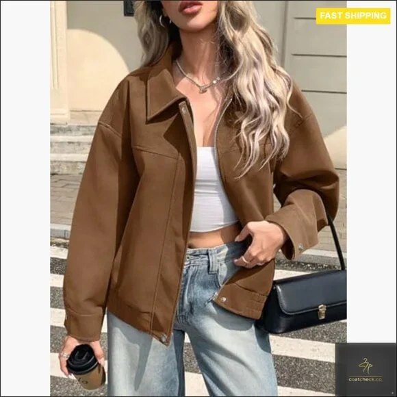 Faux Suede Motorcycle Jacket Oversized Zip Up Bomber Coat Women's Outerwear - Picture 2 of 7